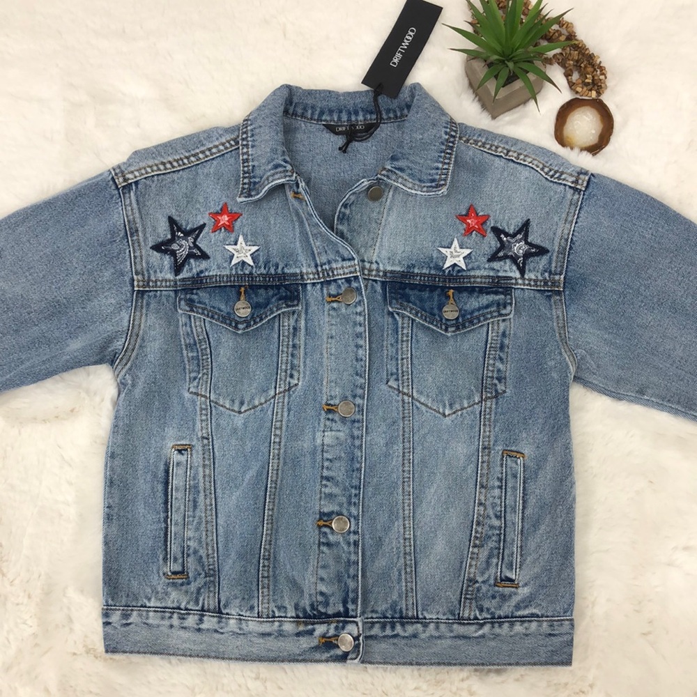 Driftwood Embroidered Stars Jean Jacket Size XS USA Patriotic 4th of July NWT